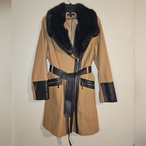 Y2K Vintage Via Spiga Camel Wool Leather Coat Faux Fur Collar Belted Women’s S12 - Picture 4 of 13